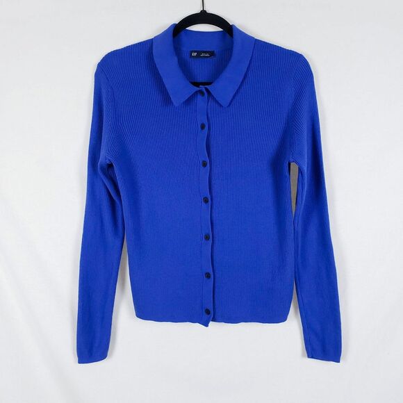Gap Cobalt Blue Collared Cardigan Womens M Rib Knit CashSoft Preppy Minimalist - Picture 2 of 10